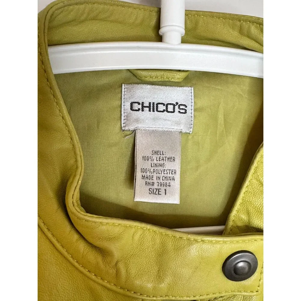 Chico's Lime Green 100% Leather Jacket Moto Zip Snap Collar Size 1 M/L - Picture 7 of 7